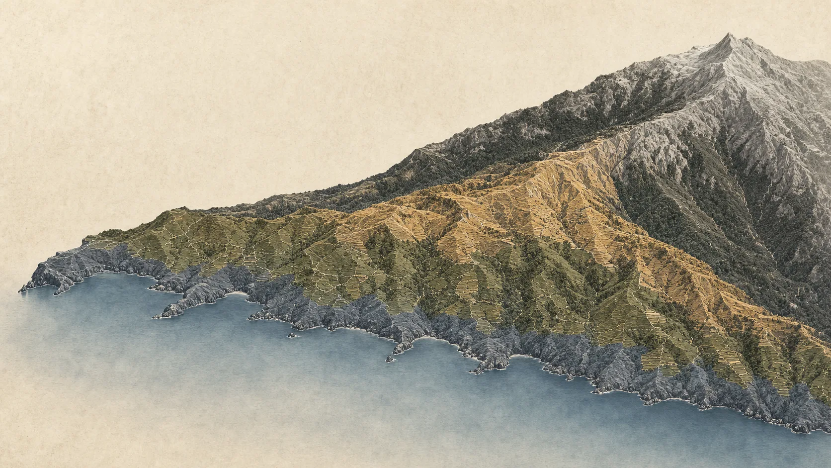 Oblique interpretation of the Mount Athos coast, official vineyard zone and high mountain