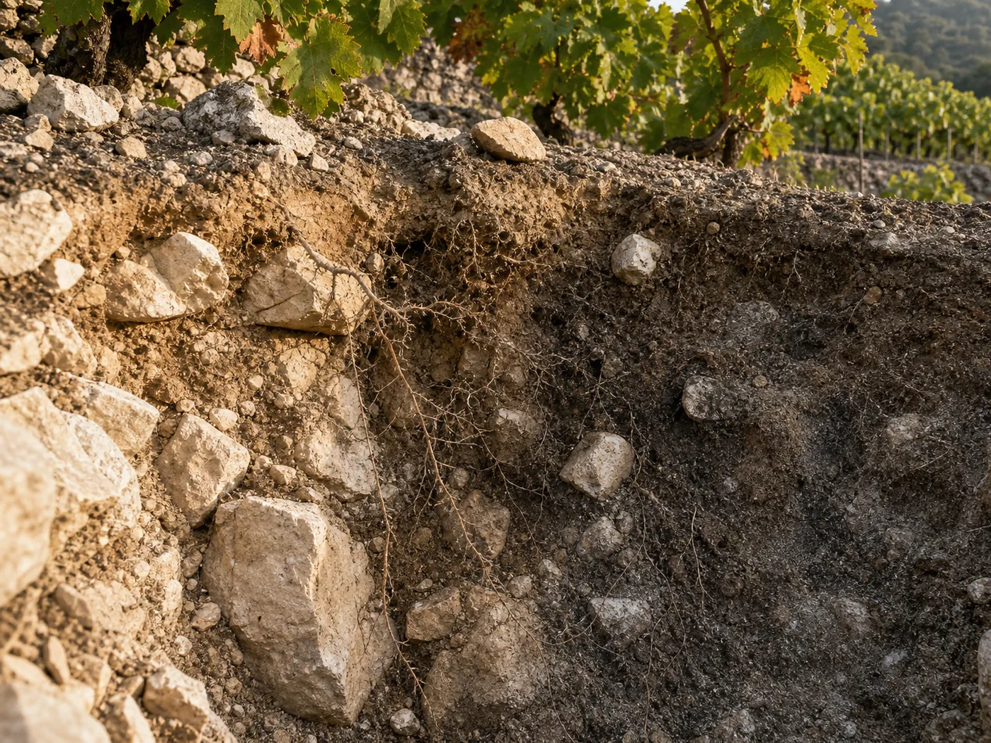 Calcareous and darker granitic vineyard soil with fine vine roots
