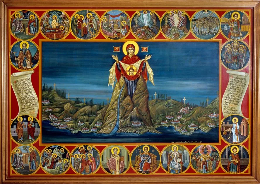 Iconographic depiction of the Virgin Mary and the Athonite shore