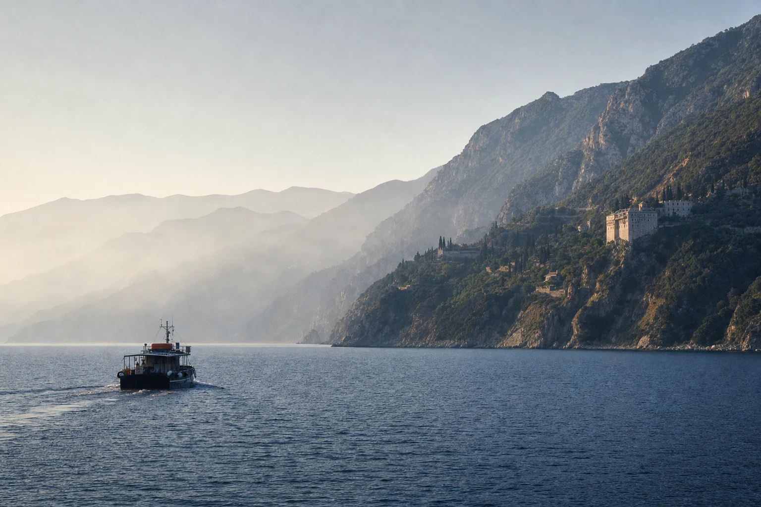 A traditional passenger boat approaching the Mount Athos peninsula by sea