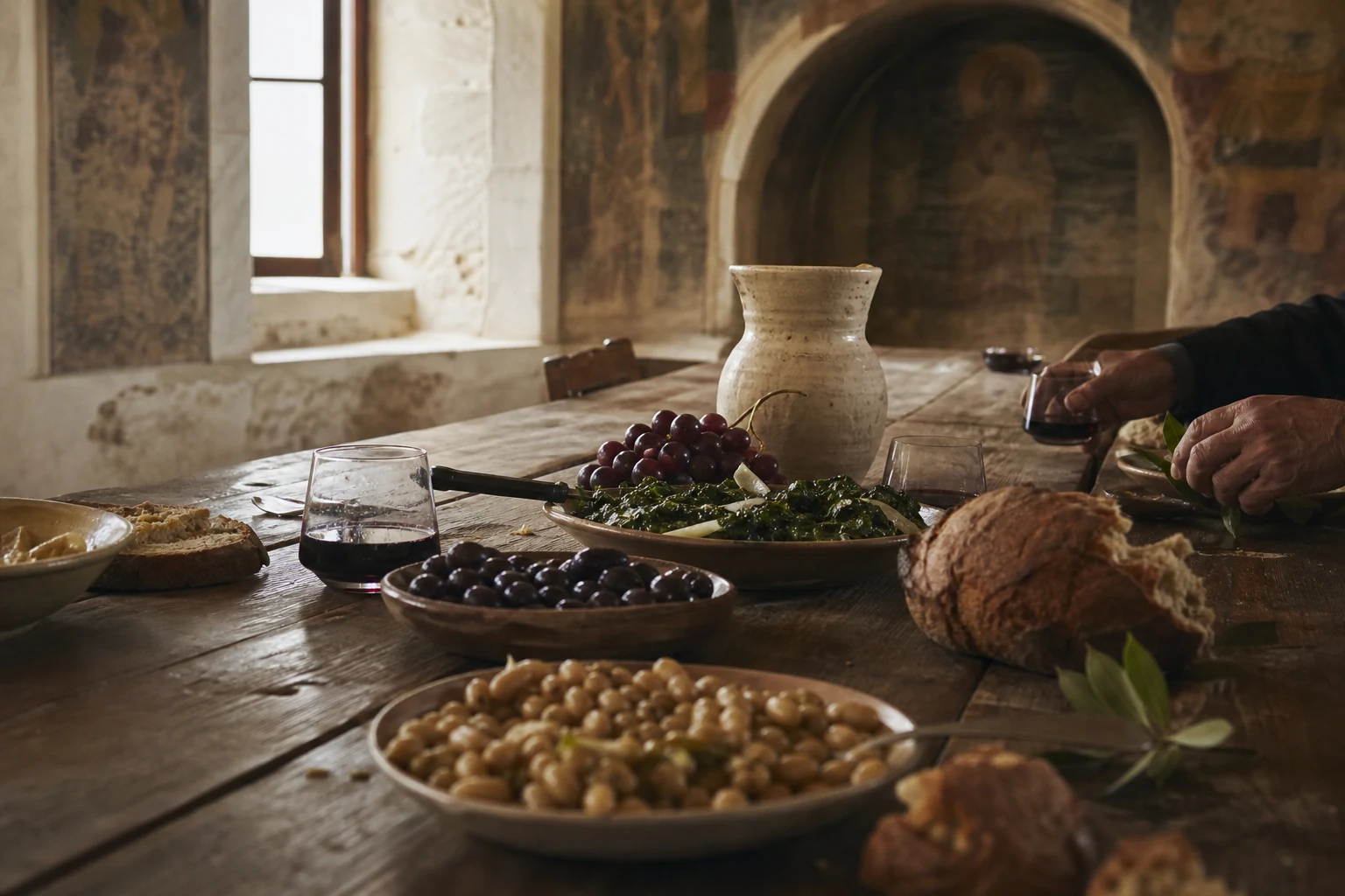 A simple Athonite shared table with bread, olives, greens, grapes and wine