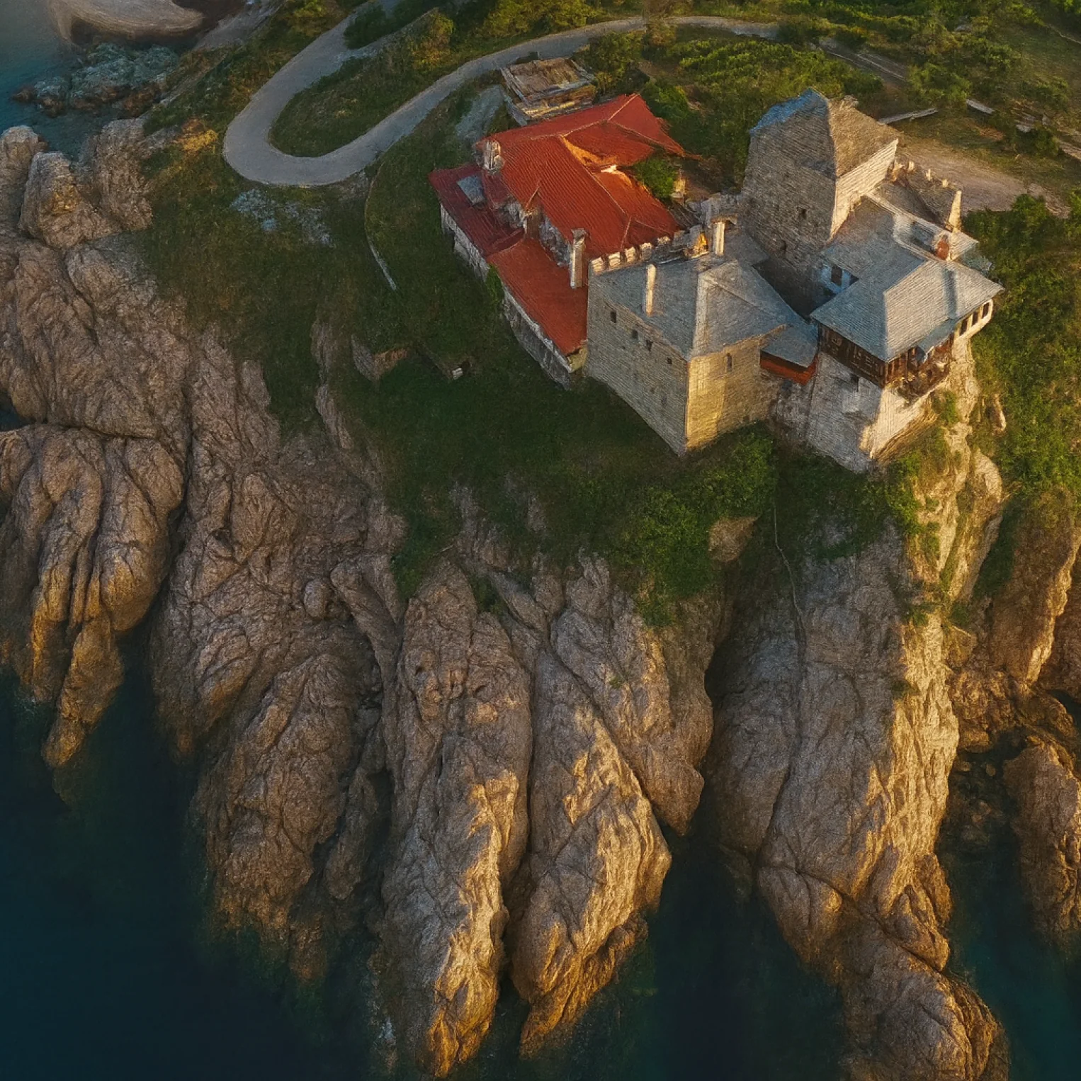 A monastery built into the rocky coastline of Mount Athos