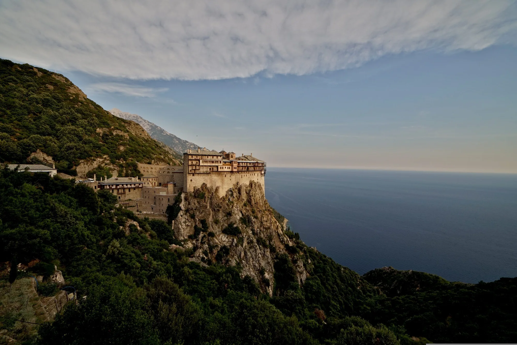 Simonopetra Monastery above the forested slopes of Mount Athos