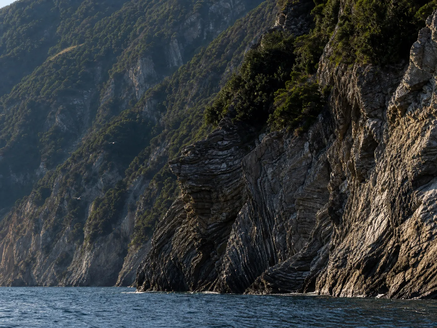 Folded coastal cliffs and forest meeting the Aegean Sea