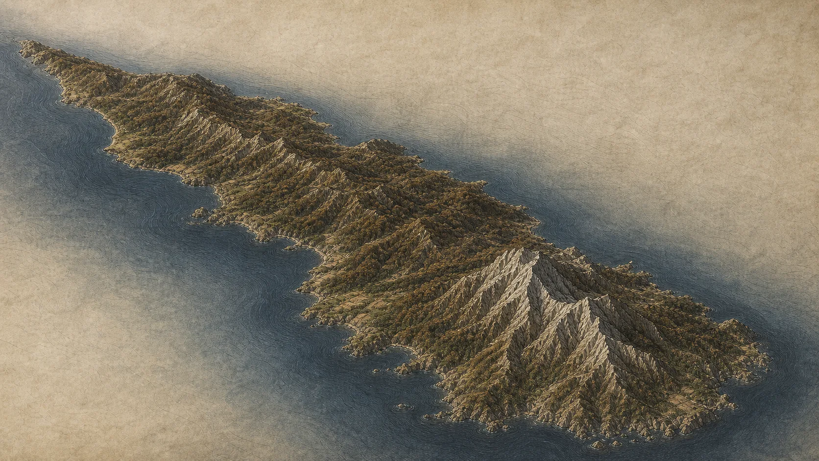 Habitat relief of the Mount Athos peninsula from northwest to the high southern summit