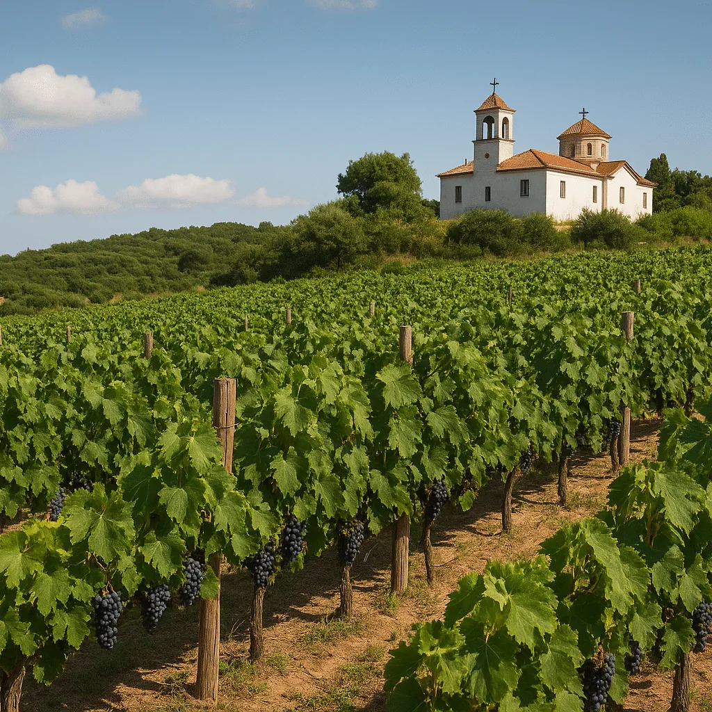 Vineyard and small church within the Mount Athos landscape