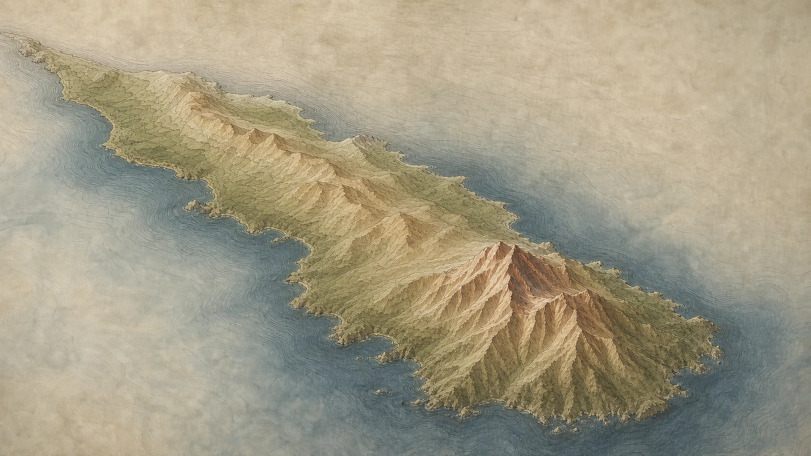 Art-directed thematic relief map of the Mount Athos peninsula